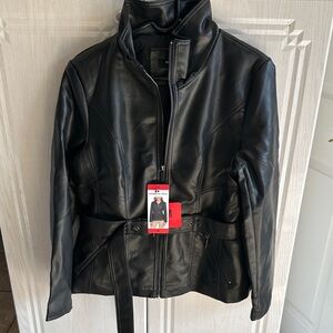 Kenneth Cole Black Leather Belted Moto Jacket